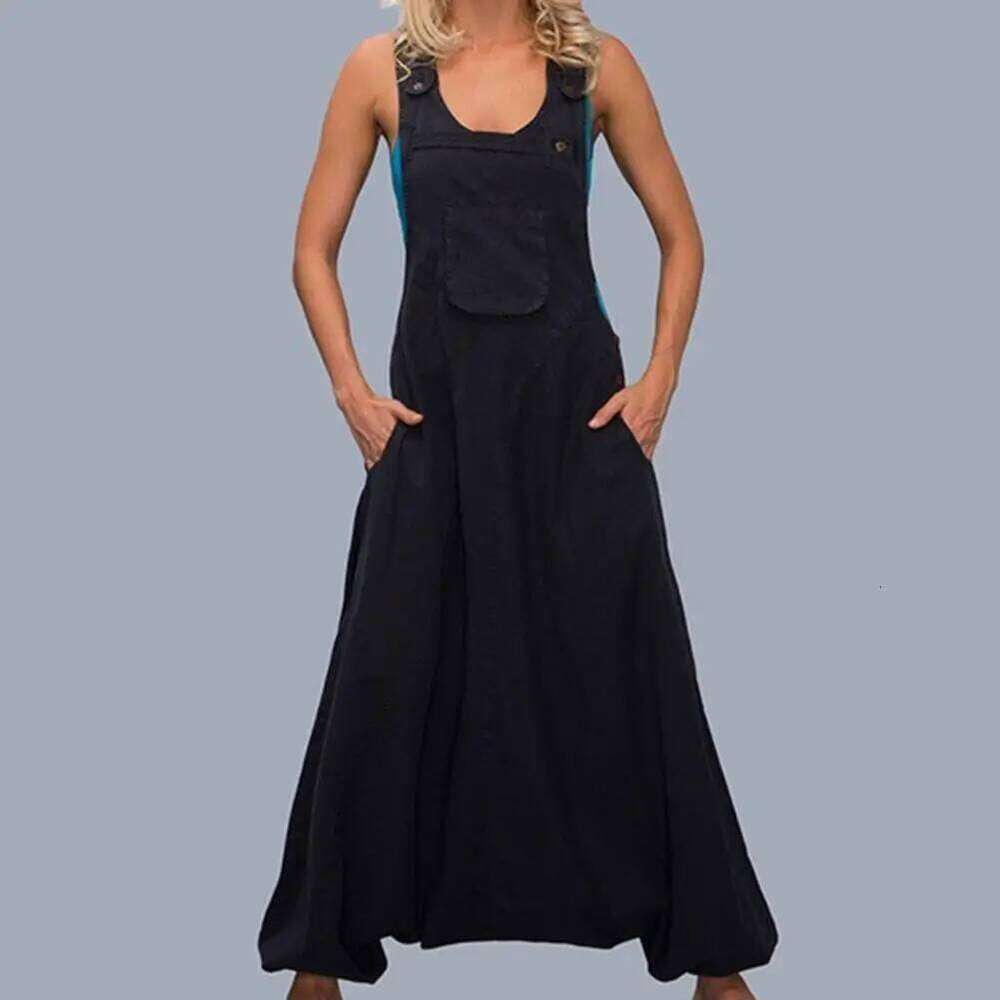 Wear Solid Color Buttons Special Loose Type Sleeveless Jumpsuit Deep U Neck Individual Women Romper Female Clothes