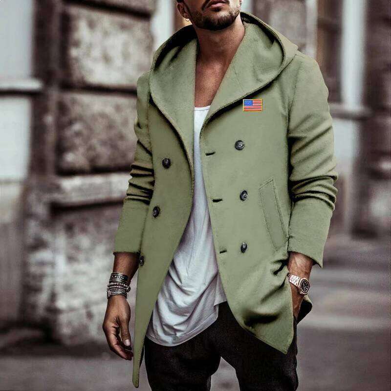 2024 Europe And The United States Autumn Men's Lapel Hat Retro Cotton Double Breasted Printed Casual Trench Coat