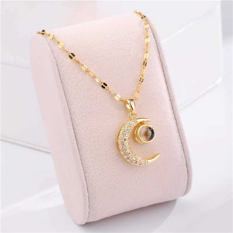 Korean Fashion Cute Crystal Moon Pendant Necklace For Women Romantic Female Stainless Steel Clavicle Chain Jewelry W250618