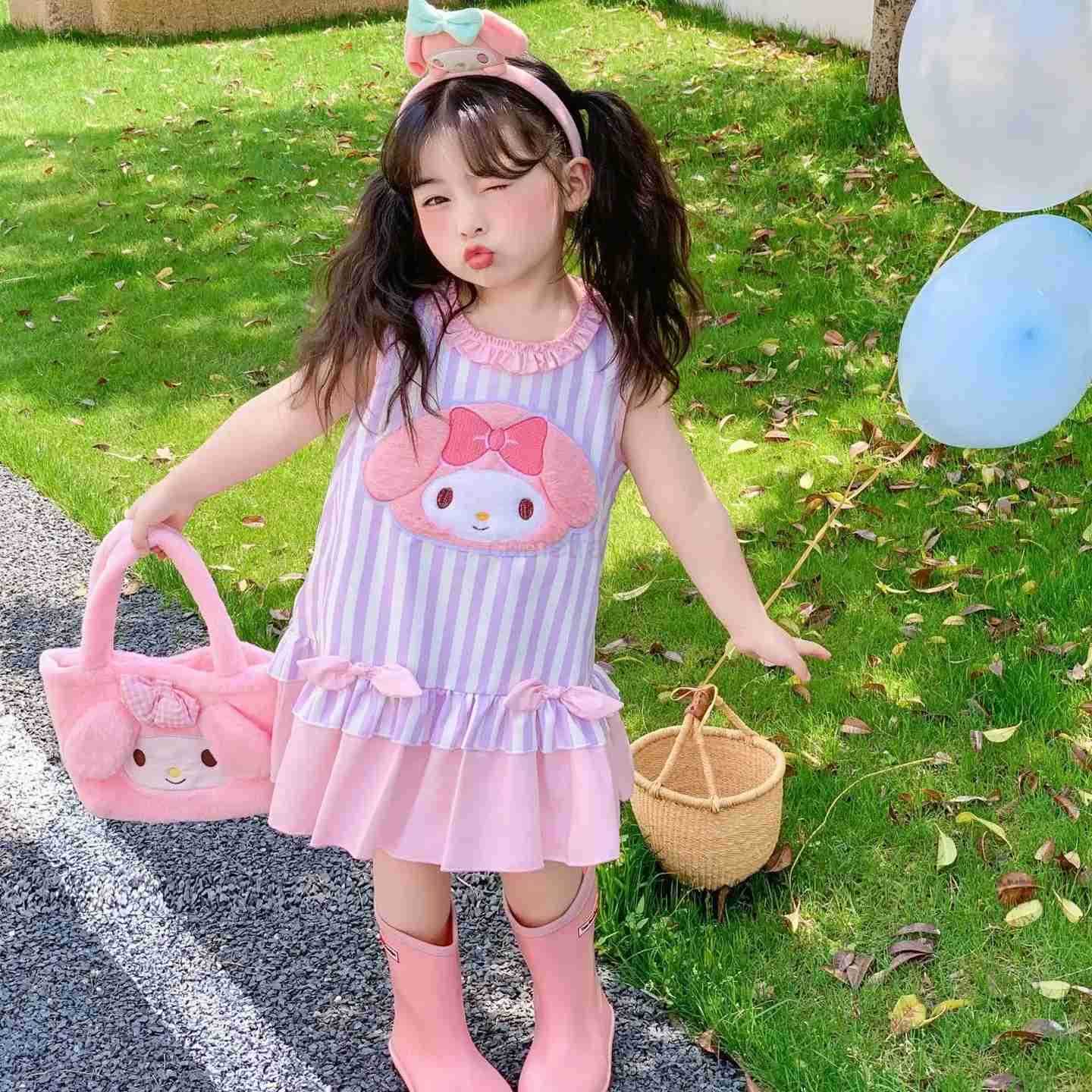 Sanrio Girls Summer Sleeveless Dress 2025 New Children Cartoon My Melody Striped Princess Dresses Sweet Frock Kids Clothing XJ250618