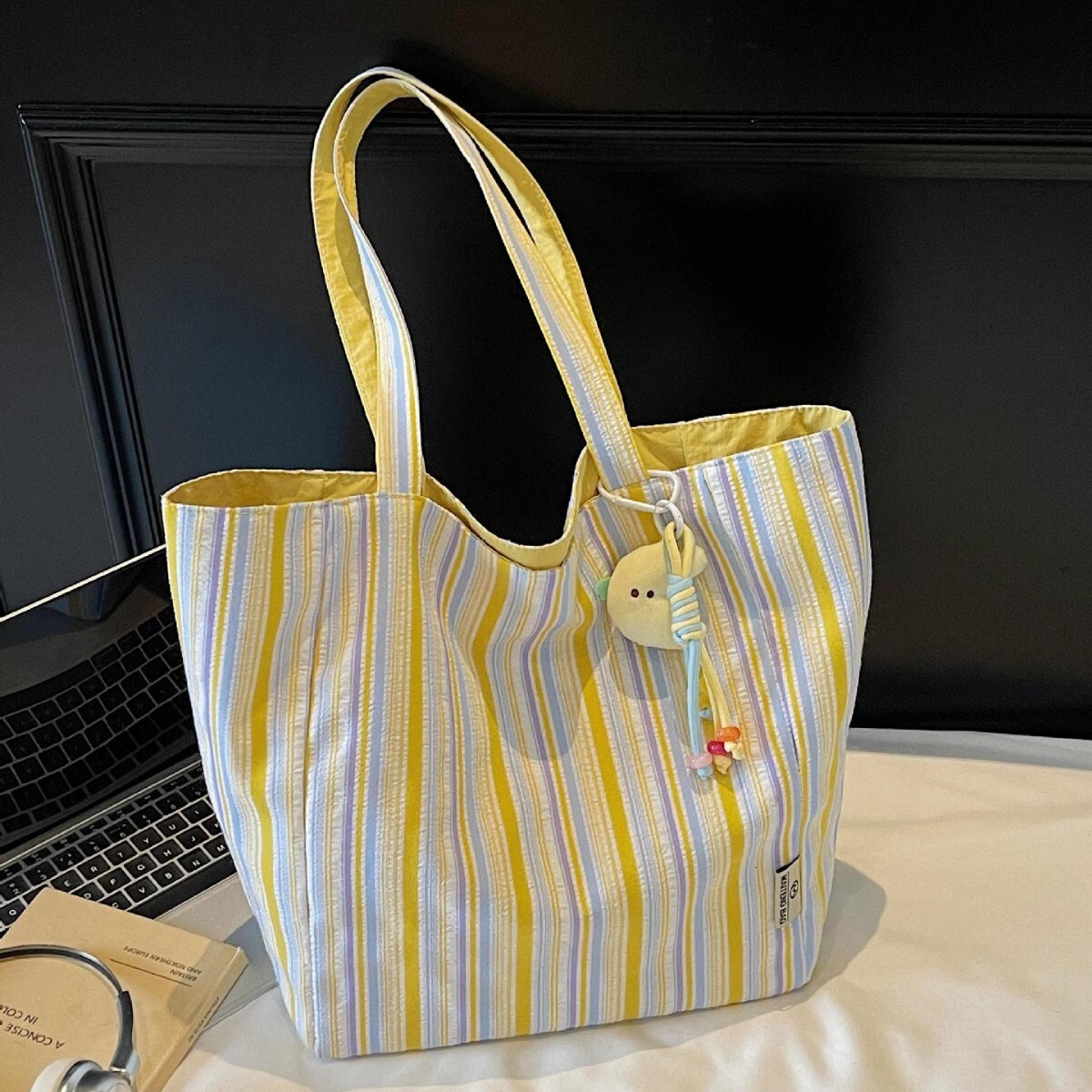 Free shipping designer Commuting Lazy Style Double-Sided Canvas Bag for Women 2025 New Color-Block Striped Tote Bag Large Capacity Shopping Bag