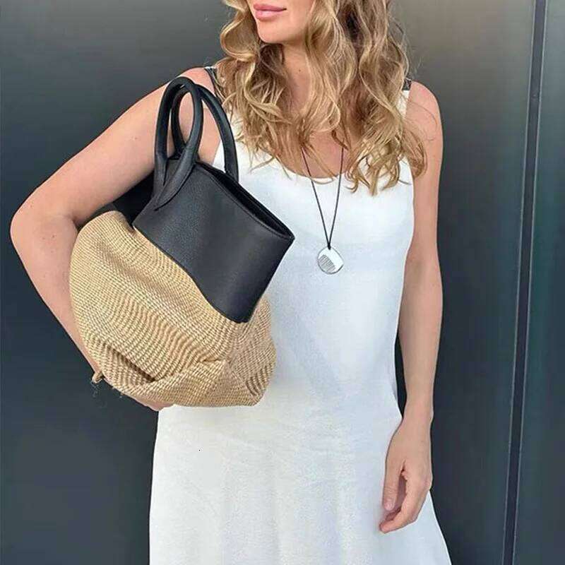 Summer Straw Shoulder Large Capacity Rattan Handle Splicing Color Beach Bag Genuine Leather Tote Bags For Women
