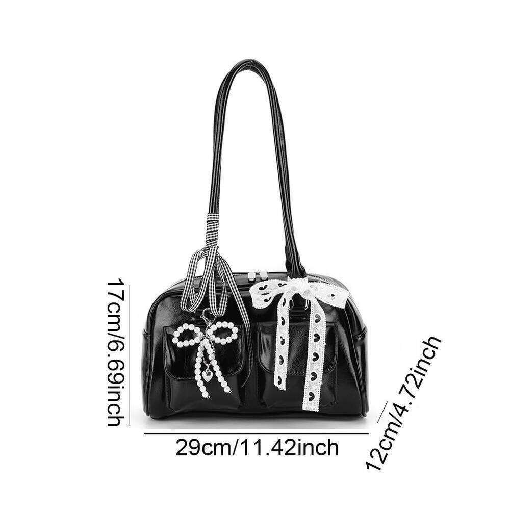 Vintage Bowling PU Leather Boston For Women Korean Version Fashion Shoulder Bag Double Pockets Handbag With Inner Pocket