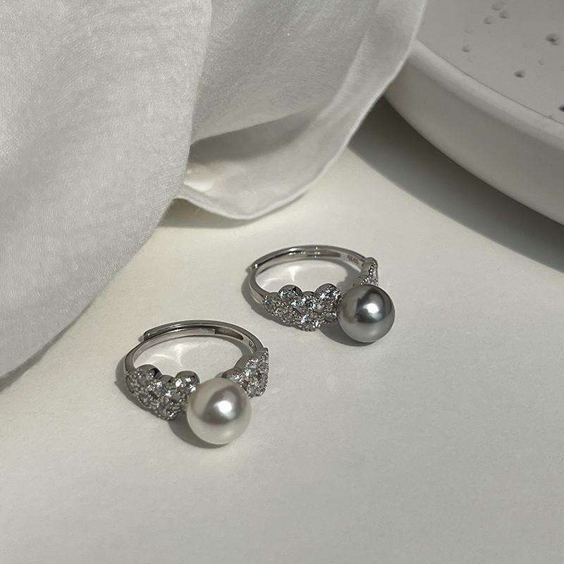 Light Luxury Zircon Pearl Mother-of-Pearl Ring Women, High-End Sense, Adjustable Ring, New Style for Index Finger
