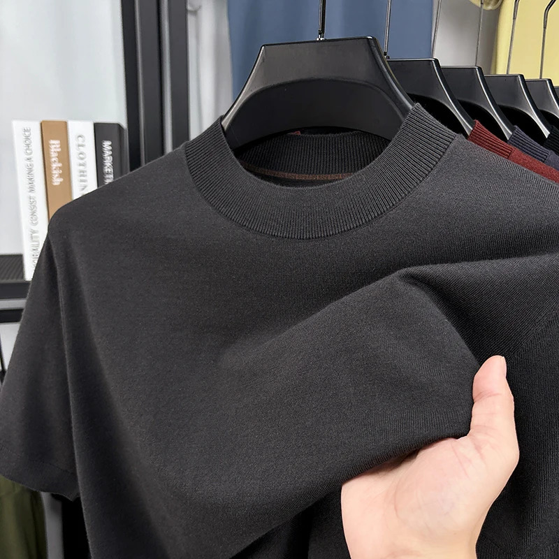 Silk Wool Men Basic Tops Spring Summer Casual Mock Neck Thin Knit Tshirt Short Sleeve Knitwear Pullover Slim Shirts 250617