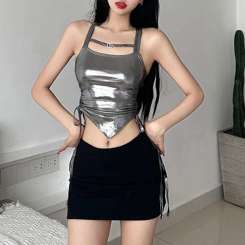 Spring Summer New Women's Solid Color Slim Fit Fashion Strap Ruched Sexy Backless Vest B5