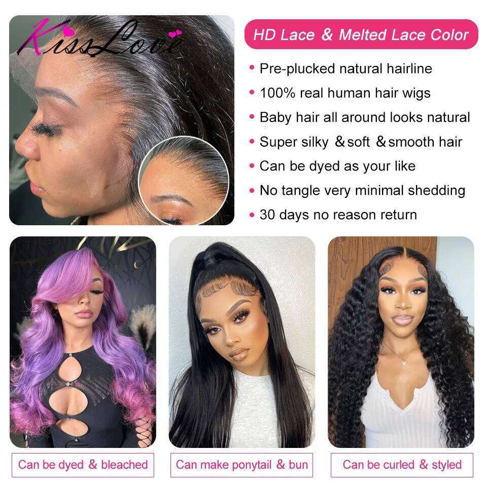 KissLove Body Wave 13x4/13x6 Front Pre Plucked 5x5 HD Closure Wigs 360 Human Hair Lace Frontal Wig