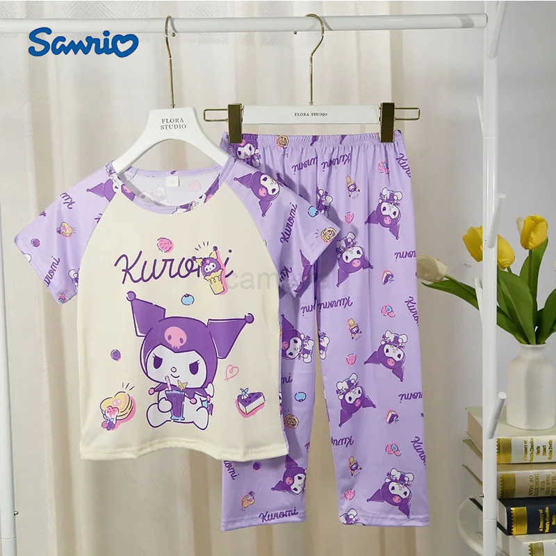 Sanrio Hello Kitty Kuromi Kzlarn Yaz Pijama Seti Karikatr Bisiklet Yaka Ksa Kollu st ve Uzun Pantolon Rahat Ev Giyimi ocuklar iinXJ250618XJ250618