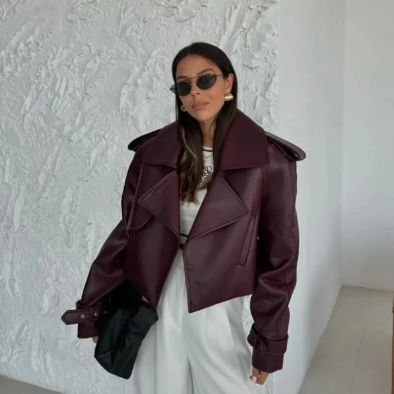 Chic Solid Color Lapel Cropped Leather Jacket Fashion Womens Pockets Long Sleeves Short Coat Lady Autumn High Streetwear 250613