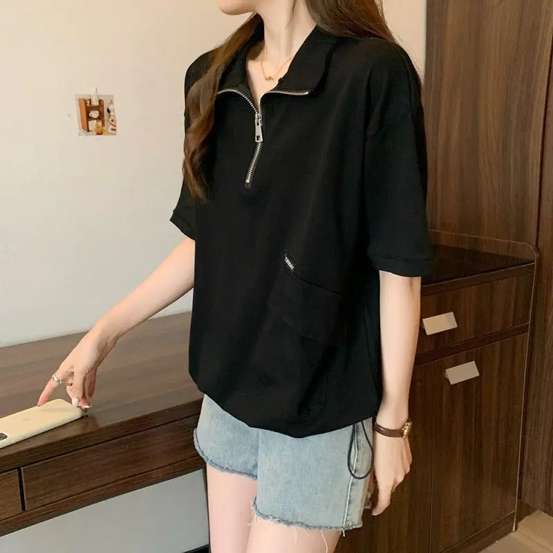 Polo Zipper T Shirts Women Summer Casual Loose Short Sleeve Pullover 2025 Korean Lady Fashion Shirring Black Tops 250617