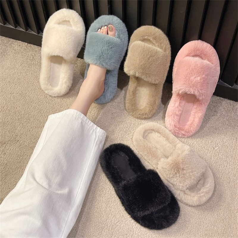 new free shipping designer slippers for woman Indoor outdoor sliders keep warm Thick woolen classic Plush sandals pink blue black white