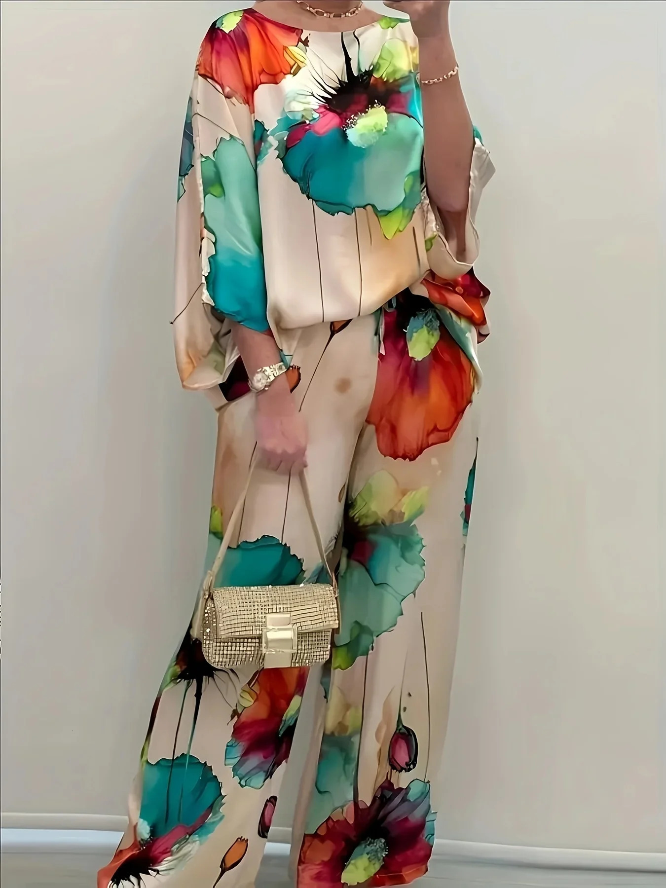 Plus Size 1XL5XL Womens Fashion Floral Print Round Neck Top and Long Pants Sets Ladies Casual and Relaxed Twopieces Sets y250609