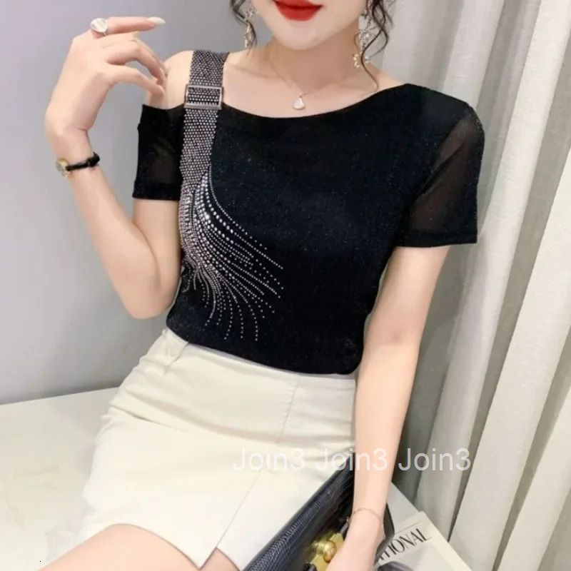 Off Shoulder Female Top Sequin Womens T-shirt Aesthetic Clothing Elegant Polyester Youthful Clothes Korean Streetwear Tee Y2k