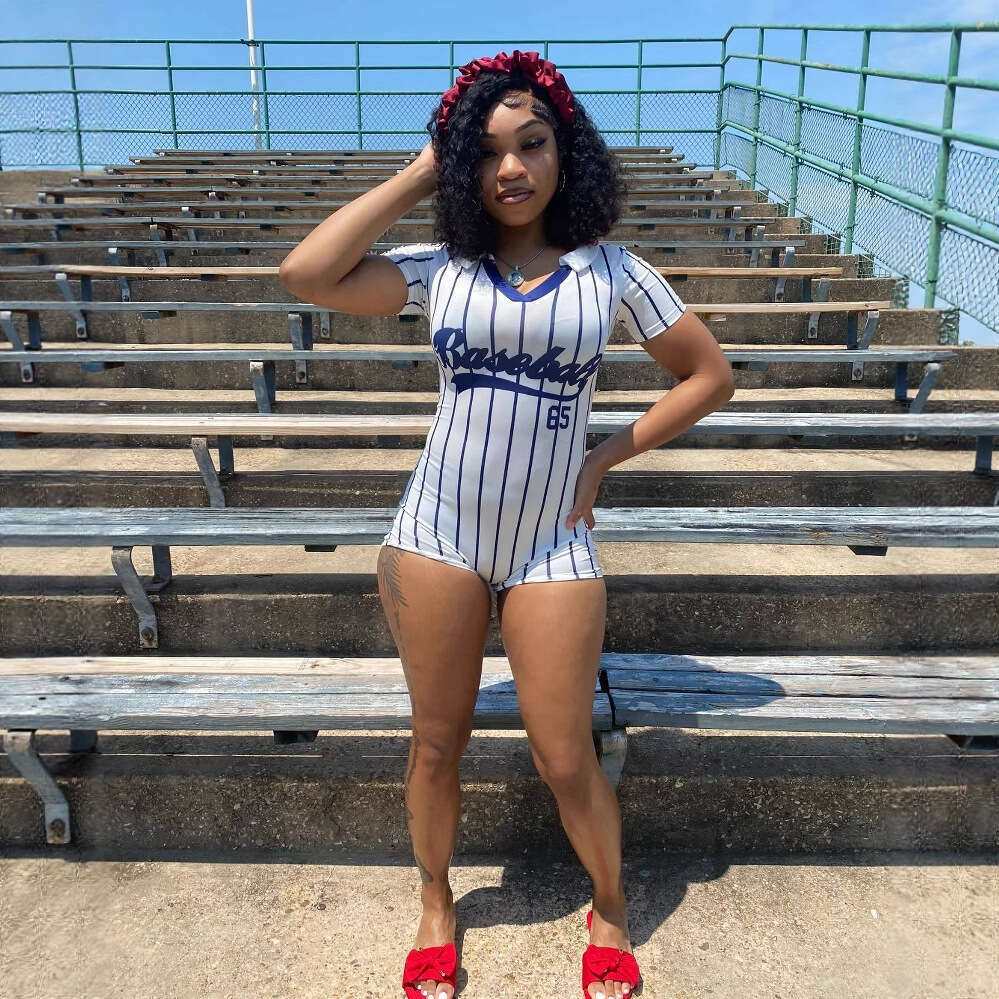 Summer New Women's Fashion Hot Girl Printed Striped Slim Fit Top With Bodycon Shorts Jumpsuit B5