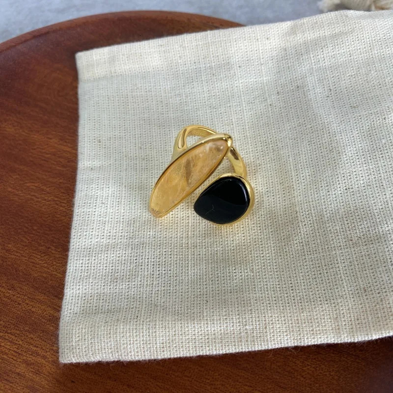 Natural black agate asymmetrical irregular French vintage open rings finger accessory 250618