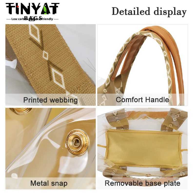 TINYAT Khaki Bohen Style Clear PVC Tote Bag for Wen Transparent Shopper Cluh Purse for Daily Use and Music Fivals B250618