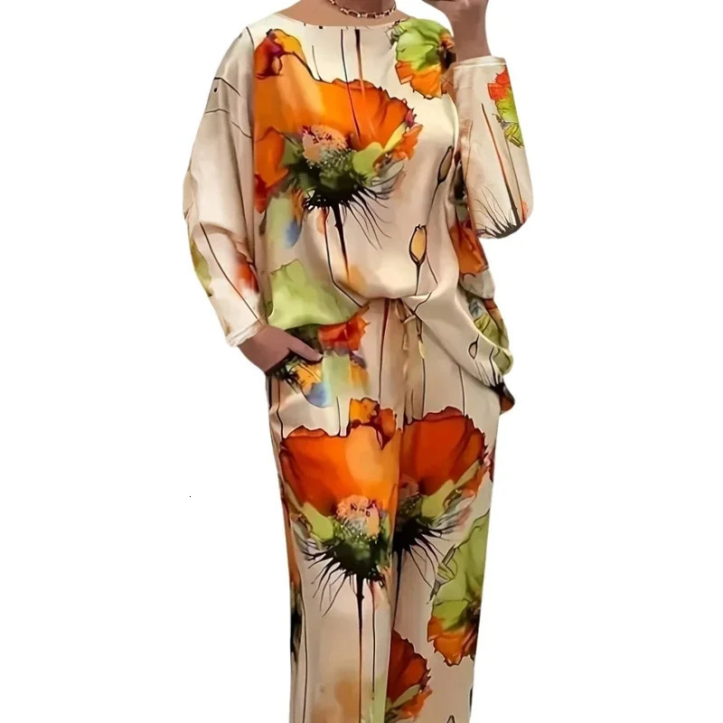 Plus Size 1XL5XL Womens Fashion Floral Print Round Neck Top and Long Pants Sets Ladies Casual and Relaxed Twopieces Sets y250609