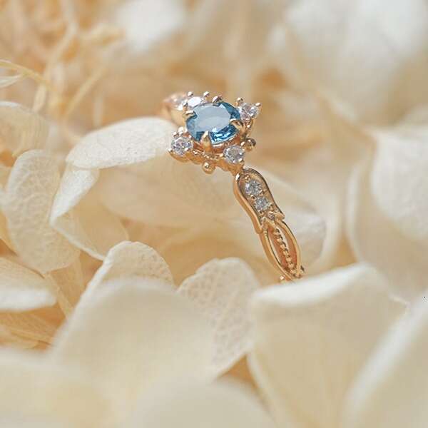 Fresh Lily of the Valley Engraved Design Light Luxury Natural London Blue Topaz Same Style Ring for Women