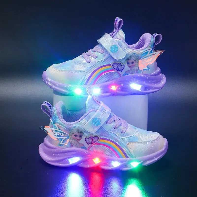 Girls Casual Shoes Led Lights Mesh Breathable CHIldrens Sports Princess Elsa Pink Purple Shoes Sneakers Size 22-35 Z250618
