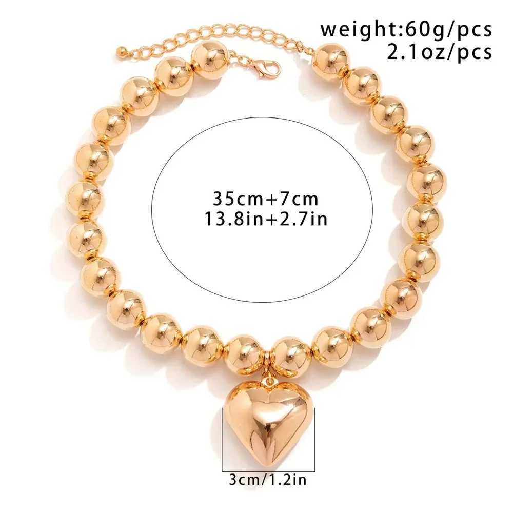 Boho Punk Silver-plate Big Bead Chain Heart Pendant Necklace For Women Vintage Fashion Female Baroque Hip Hop Choker Jewelry W250618