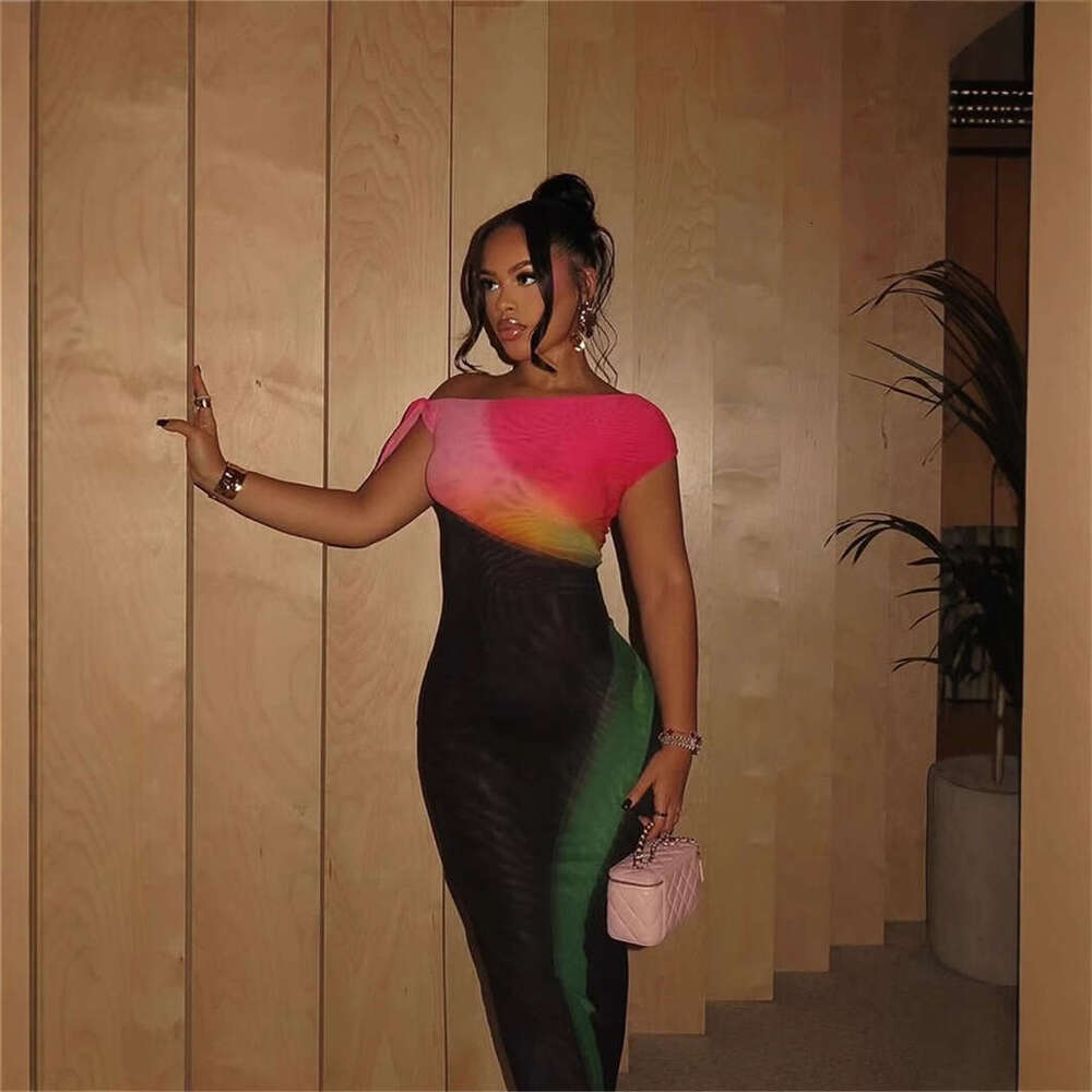 Autumn New Fashion Versatile Stretch Color-Block Slim Sexy Asymmetric Neck Long Bodycon Dress For Women B5
