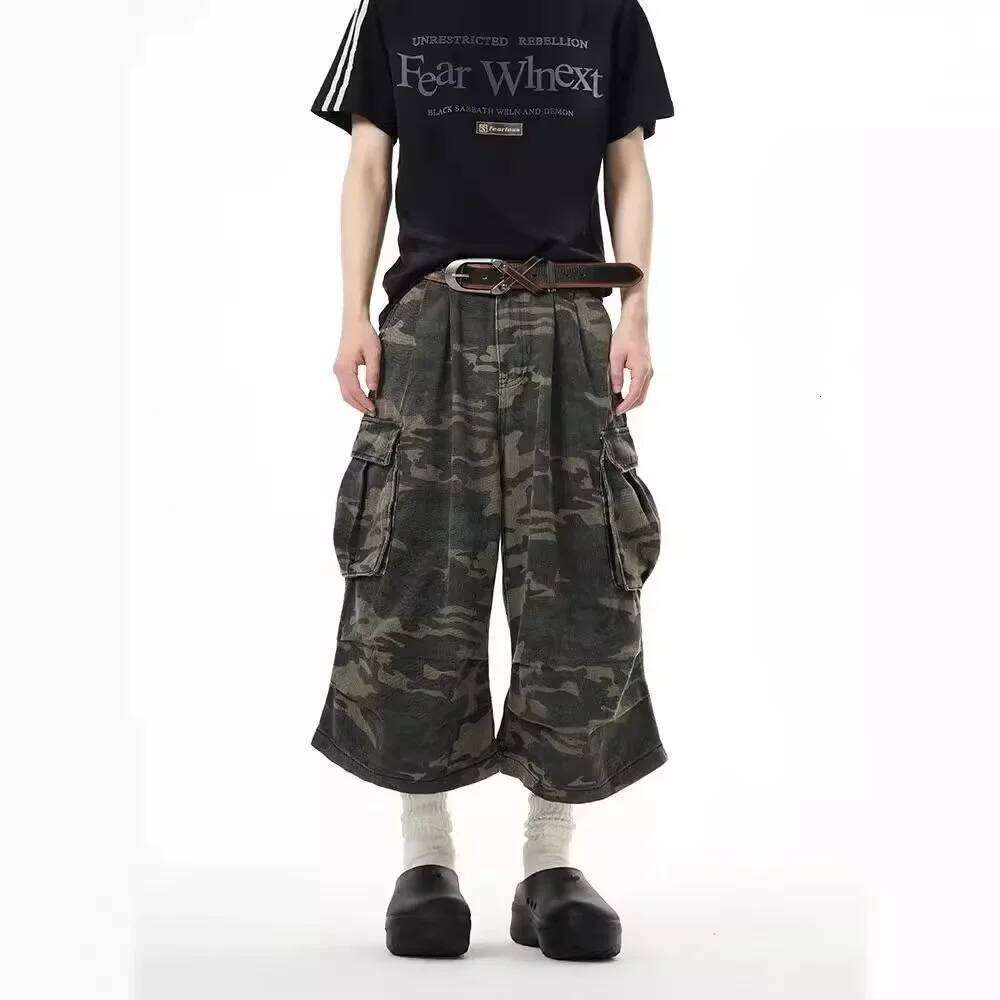 Wear Vintage Camouflage Work Jeans Men's Loose Fit Summer Trendy Straight Wide Leg Seven Point Pants Casual Streetwear