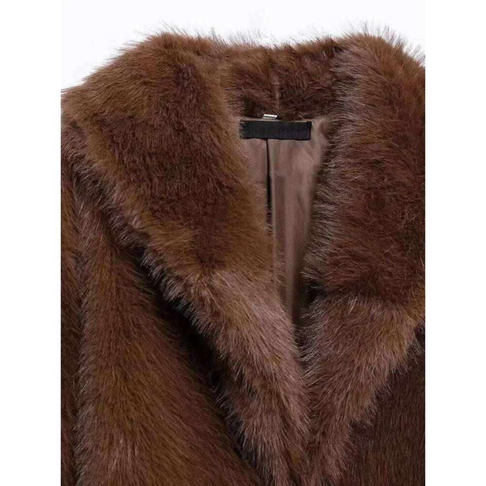 Vintage Lapel Faux Fur Short Coat Women Brown Long Sleeve Warm Thick Loose Jacket 2024 Autumn Winter Lady High Street Outwear