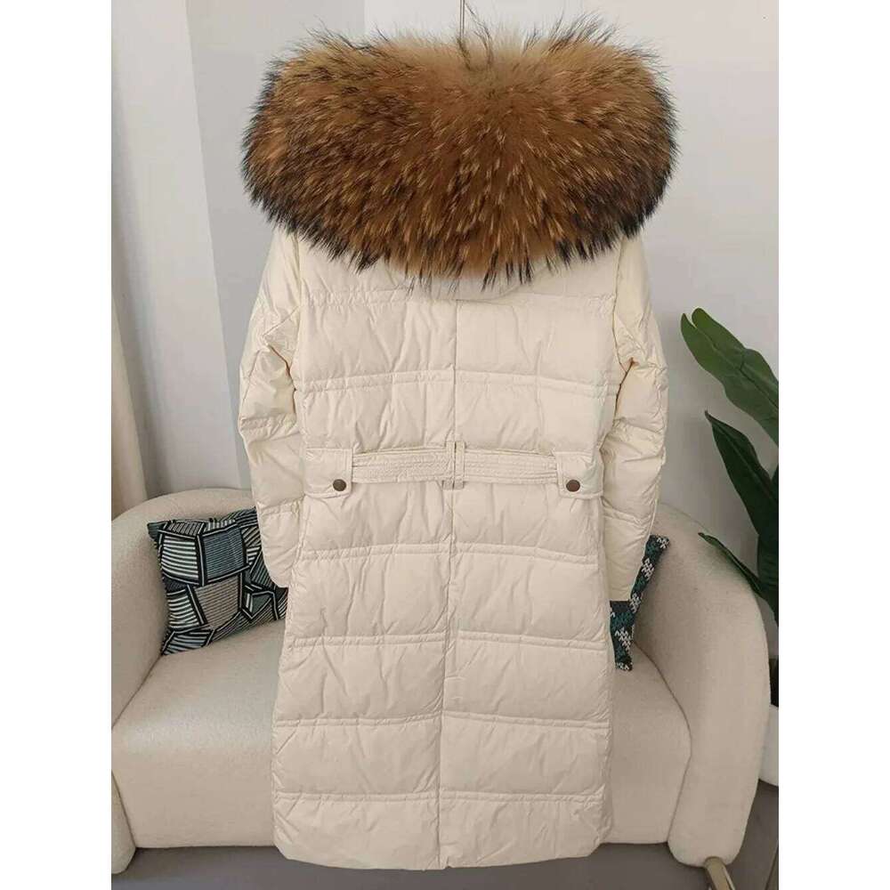 Real Raccoon Fur Winter Natural Fox Fur Collar Jacket Long Women 2024 Thick Warm Duck Down Coat Belt Outerwear Streetwear