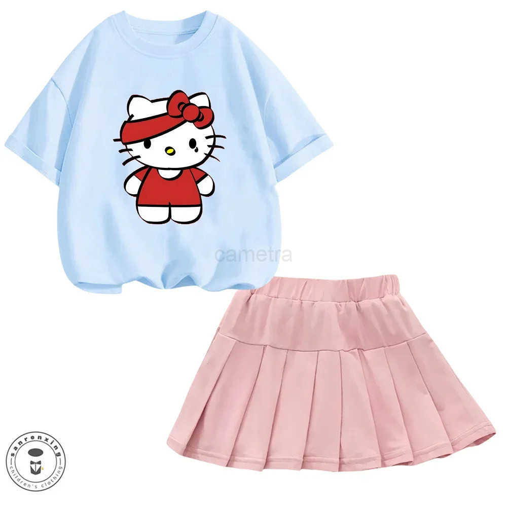 Sanrio Sanrio Hello Kitty Girl Cartoon Cute T-shirt Short Skirt Short Sleeve My Melody Summer Childrens Pleated Skirt Jk SuitXJ250618