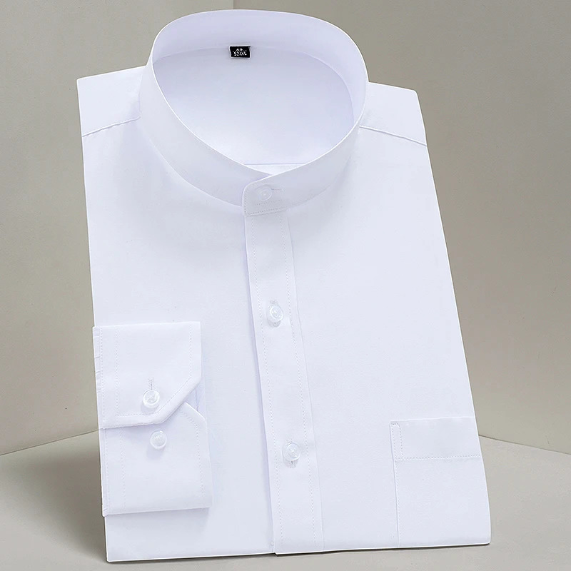 Mens Long Sleeve Mandarin Collar Shirt Single Patch Pocket Smart Casual Regular-fit Business Office Dress Shirts 250616