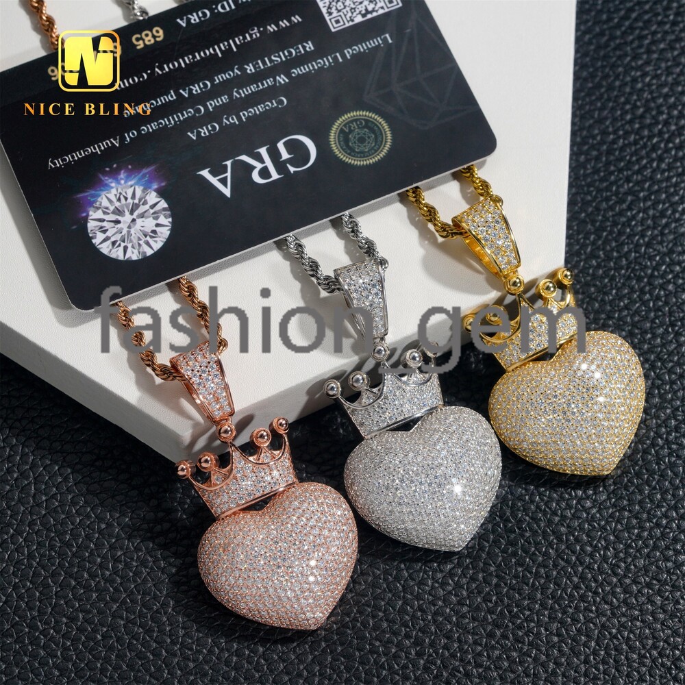 Fine Jewelry Hip Hop Pendants Iced Out Heart Shape Charm Pendant Crown Bale 925 Sterling Silver Moissanite Diamond Pendants