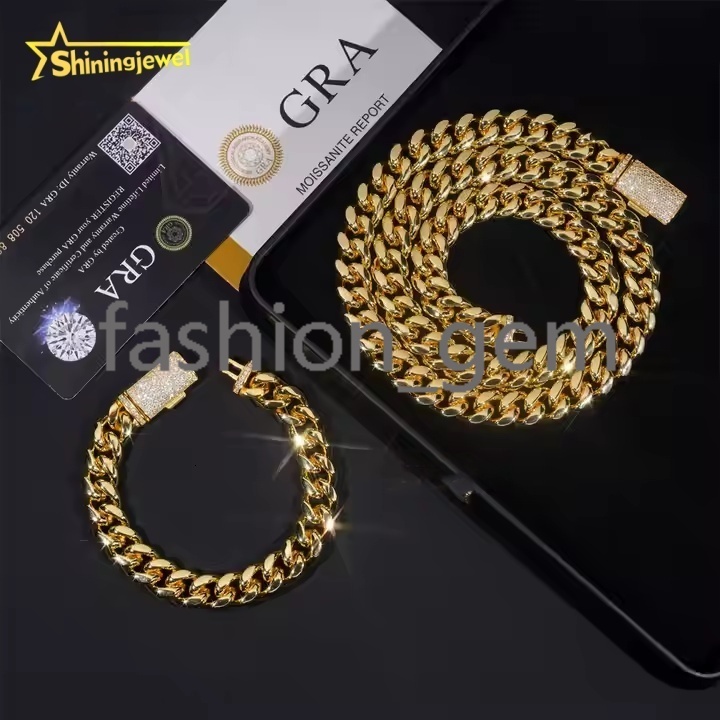 10MM Cheap Price 925 silver Cuban Chains + 925 Silver VVS Moissanite Lock Fashion Men Hip Hop Necklace Bracelet