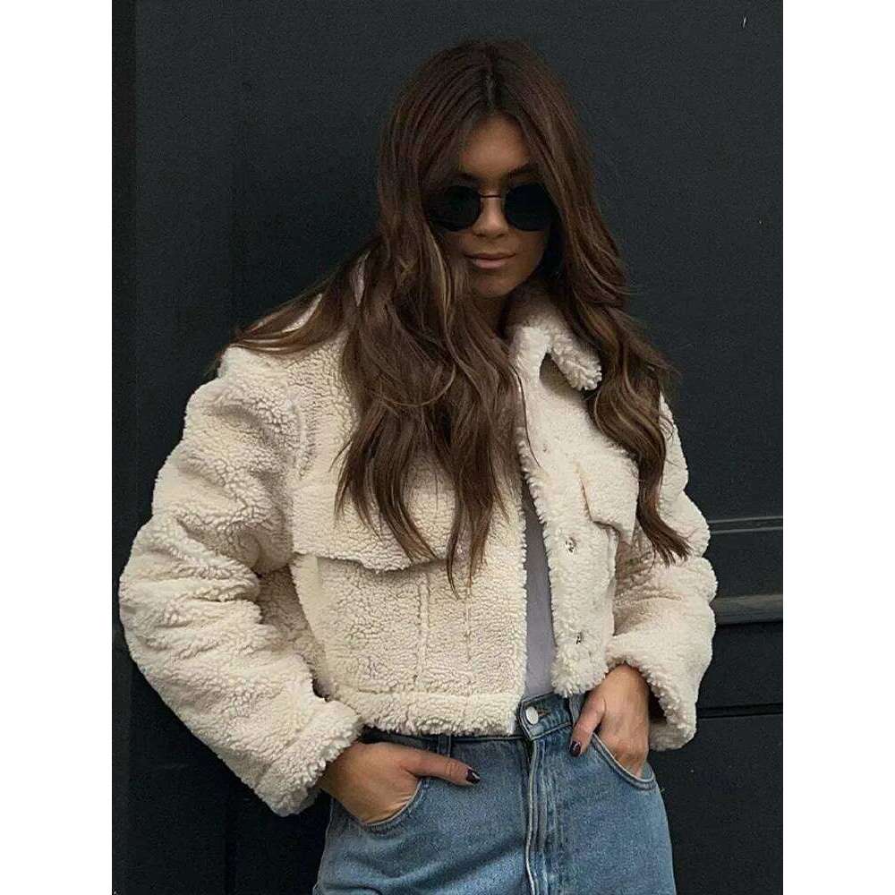 Casual Faux Lamb Wool Short Women Winter Coats 2023 Long Sleeve Turn Down Collar Pocket Autumn Jackets Female Warm Streetwear