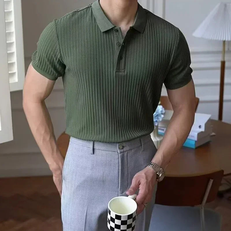 Male Casual Vintage Comfortable Lapel T-shirt Knitted Top 2025 Summer Men Trendy Striped Solid Color Short Sleeve Polo Shirt 250617
