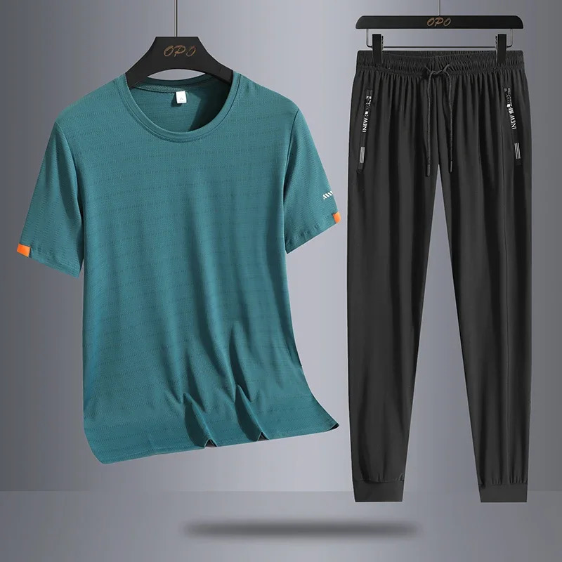 Ice Silk Quick Drying Set Sports Two Piece Set Male Trendy Ice Cool Mesh Quick Drying Breathable Short Sleeve T-shirt Long Pants 250617