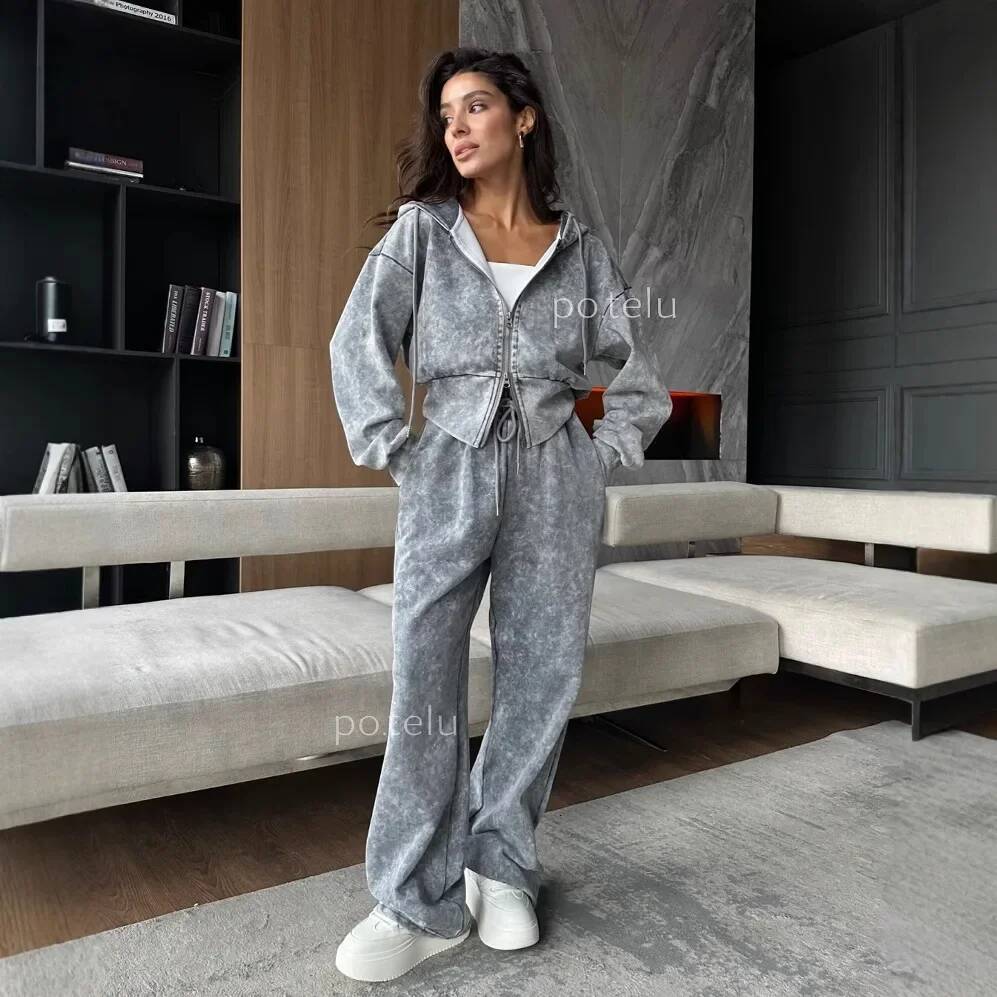 Cross-Border Waterproof Distressed Sweatshirtsuit Women's Long Sleeve Zip-Up Hooded Top Straight-Leg High-Waisted Casual