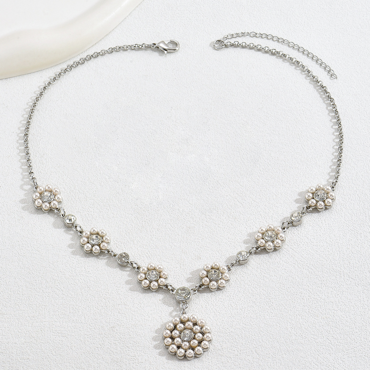 Zircon Inlaid Pearl Flower Stud Earrings Necklace Set