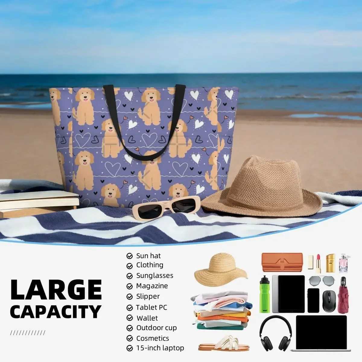 LOVE Apricot Blonde Goldendoodle Dog Beach Travel Bag Tote Customizable Shopping Gifts Shoulder Multi-Style Pattern W250618