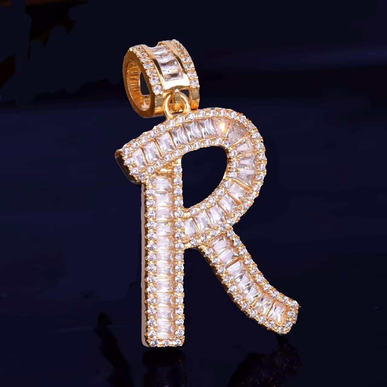 Luxury New Fashion 18K Baguette Initial Letter Pendant Necklace Moissanite Hip Hop Pendants Charms with Chain