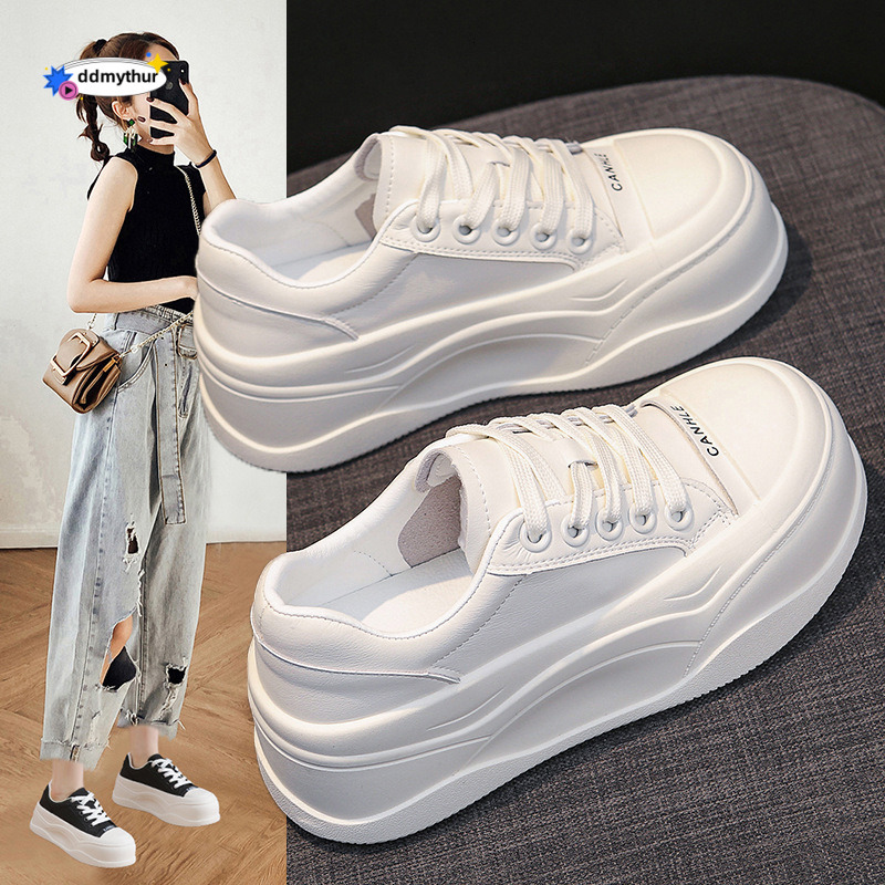 2025 New Style High-End Genuine Leather Thick-Soled Sneakers Height Increasing Versatile Lace-Up White Fashion Casual Shoes for Women ddmythur