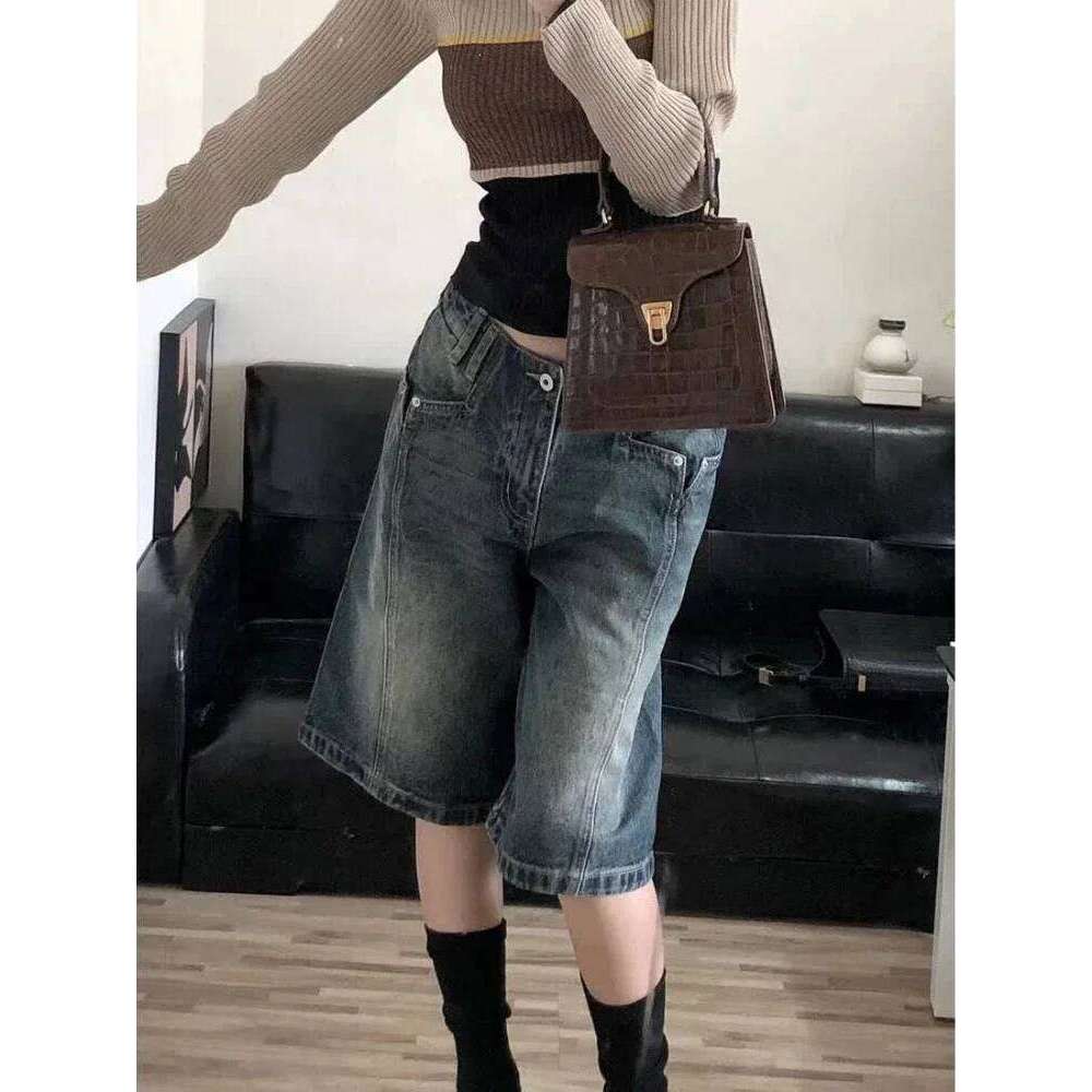 Wear HOUZHOU Y2k Vintage Women Denim Shorts Baggy High Waist Korean Wide Leg Jorts Casual Oversize Washed Jeans Streetwear