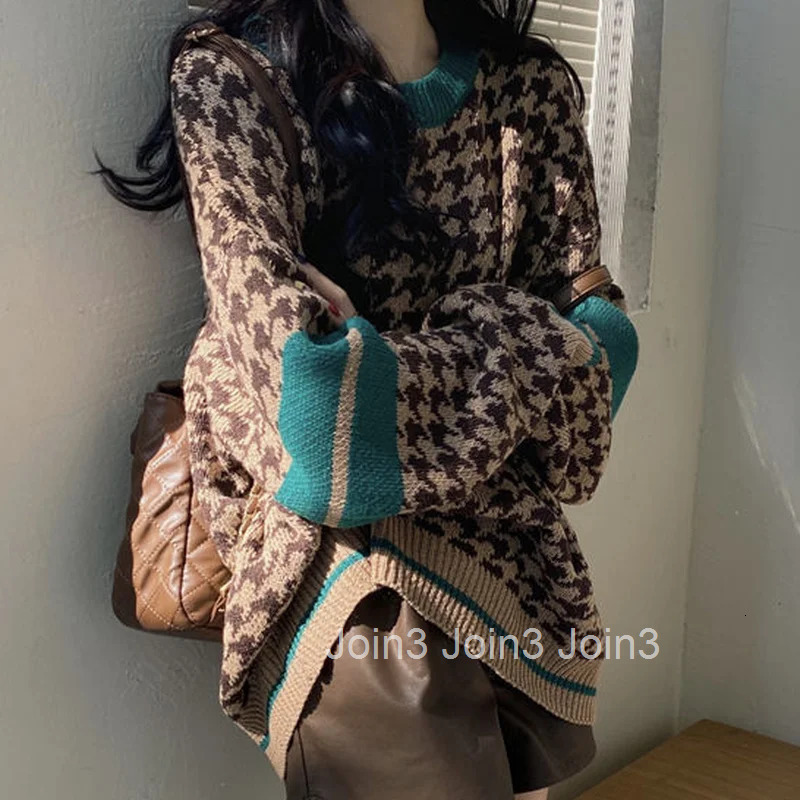 Plaid Graphic Brown Knit Tops For Woman Round O Neck Womens Sweater Modern Jersey Elegant Hot Offers Y2k Vintage Korean Style