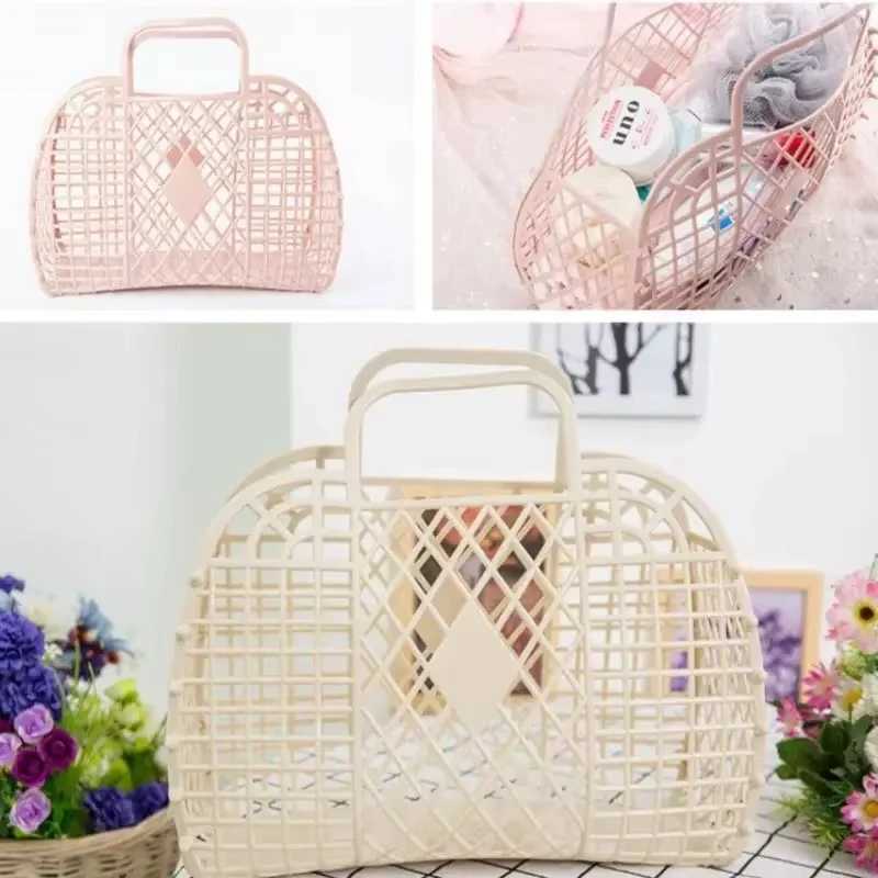 Summer Jelly Bag Portable Vegetable Basket Hollow Jelly Bag Girl Large Capacity Holiday Handbag Jelly Beach Tote Bags Organizer B250618