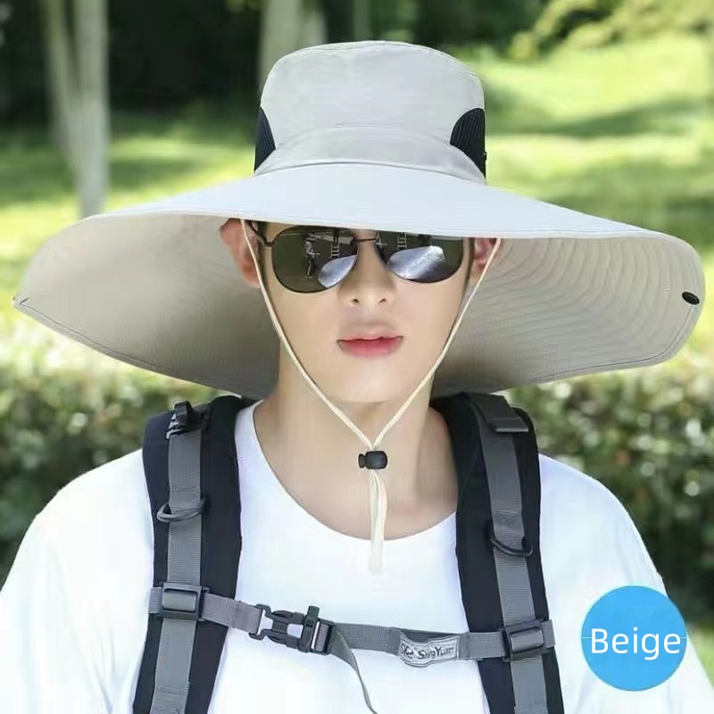 Summer 15CM Large Brim Sun Hat Men Women Breathable Fishing Caps Sun UV Protection Mesh Fisherman Hat Hiking Outdoor Beach Cap Wide Brim Hat UPF 50+ S