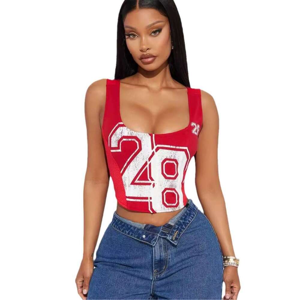 Summer New Slim Fit Printed Street Sexy Spaghetti Strap Backless Short Tank Top B5