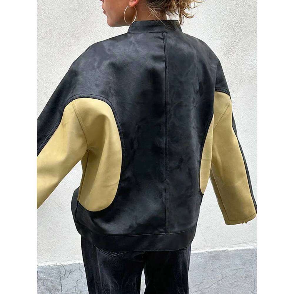 Vintage Contrast Patchwork Women's Leather Jackets O Neck Long Sleeves Zipper Female Motorcycles Coat 2024 Autumn Lady Outwear
