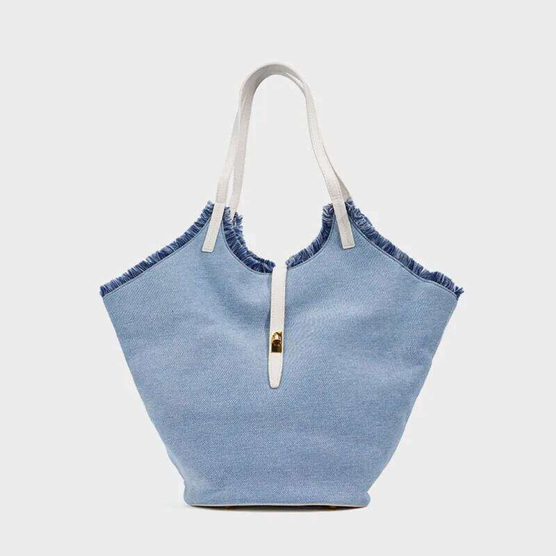 Vacation Beach Handbag Denim Underarm 2025 New Niche Large Capacity Vintage Tassel Tote Bag Genuine Leather Splicing Ladies