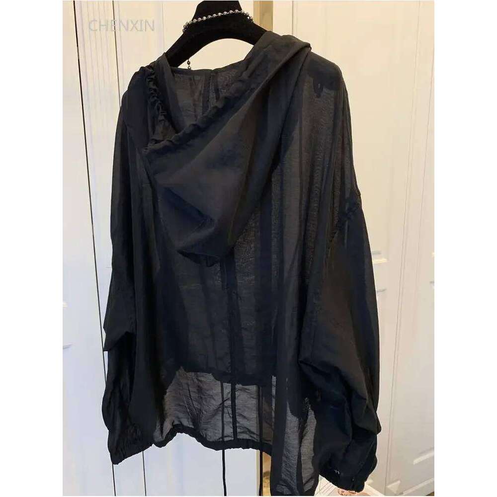 Hooded Jackets for Women, Summer Sunproof Zipper Coats, Thin Loose Transparent Outerwear, Breathable Clothing, Lightweight Black Apparel
