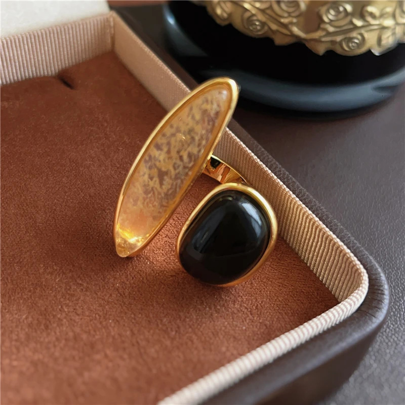 Natural black agate asymmetrical irregular French vintage open rings finger accessory 250618