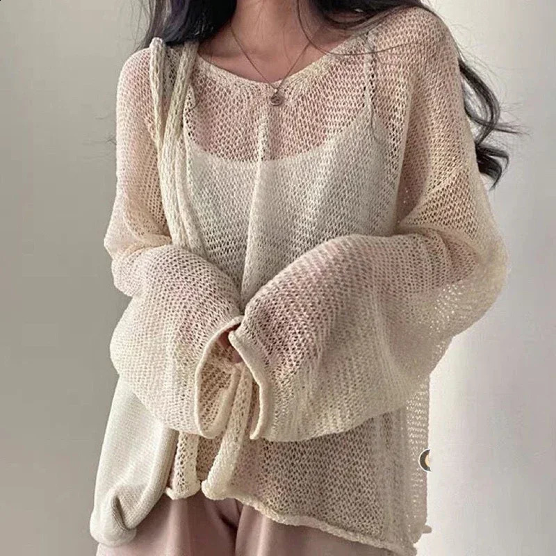 Women Hollow Out Sexy Loose Shirts Knit Lantern Sleeve Casual Tops Beach Mesh Chic Tees For Women Autumn Winter 250614
